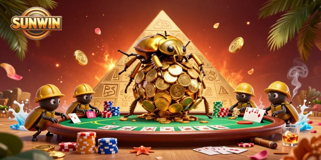 SUNWIN presents a vibrant casino scene with golden beetles, poker elements, and dynamic atmosphere.