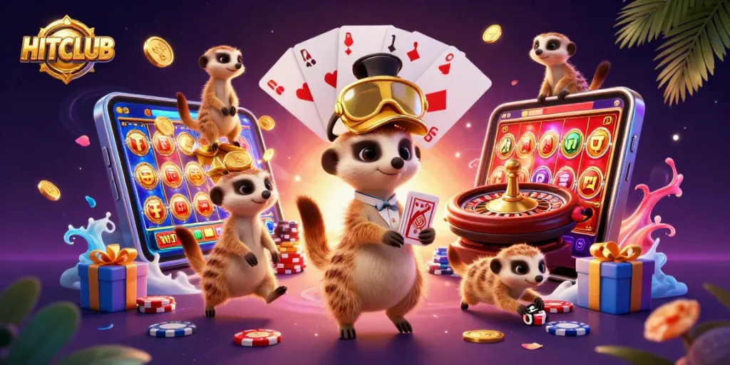 HITCLUB meerkats running a vibrant casino, featuring dynamic slots and card games.