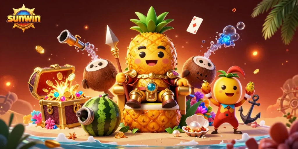 Engage with sunwin's casino adventures featuring a vibrant tropical scene of characters and treasures.