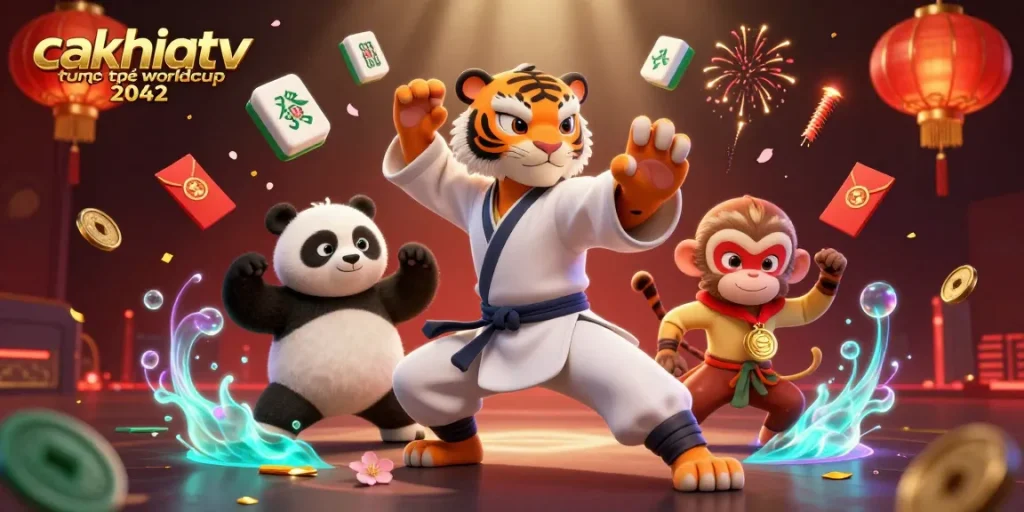 Experience excitement with CakhiaTV trực tiếp Worldcup 2042 showcasing thrilling football action and festive visual elements.