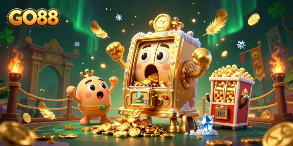 Experience the thrilling jackpots of GO88 as playful slot machines celebrate wins with coins raining down.