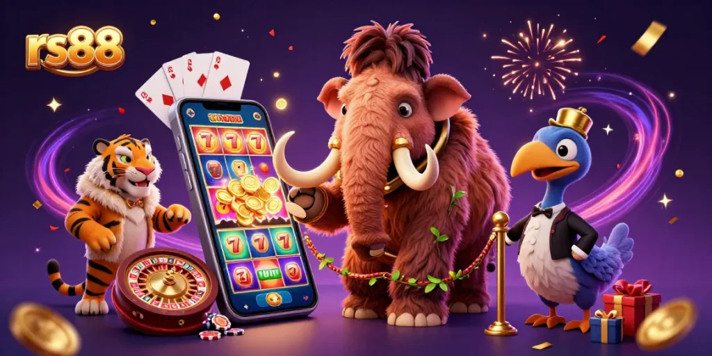 Experience the excitement of rs88 with a colorful casino scene featuring vibrant slot games and playful characters.
