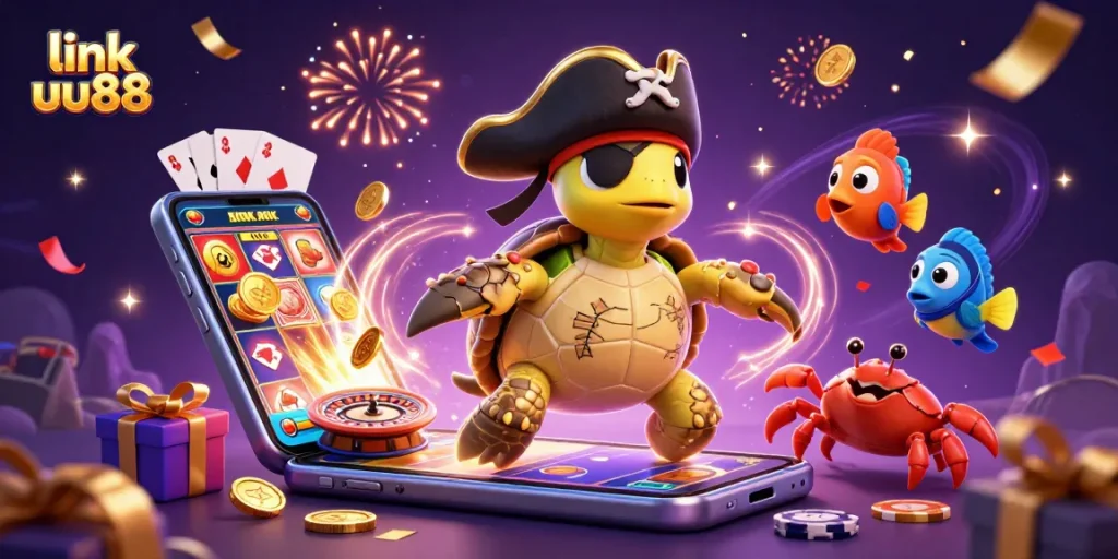 Experience thrilling gameplay with link uu88 as the pirate turtle discovers treasure amidst vibrant slot games and colorful casino elements.