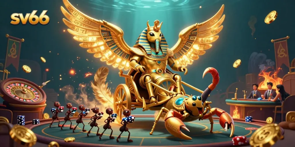 Engage with sv66's vibrant casino scene featuring a colossal scarab and poker chips.